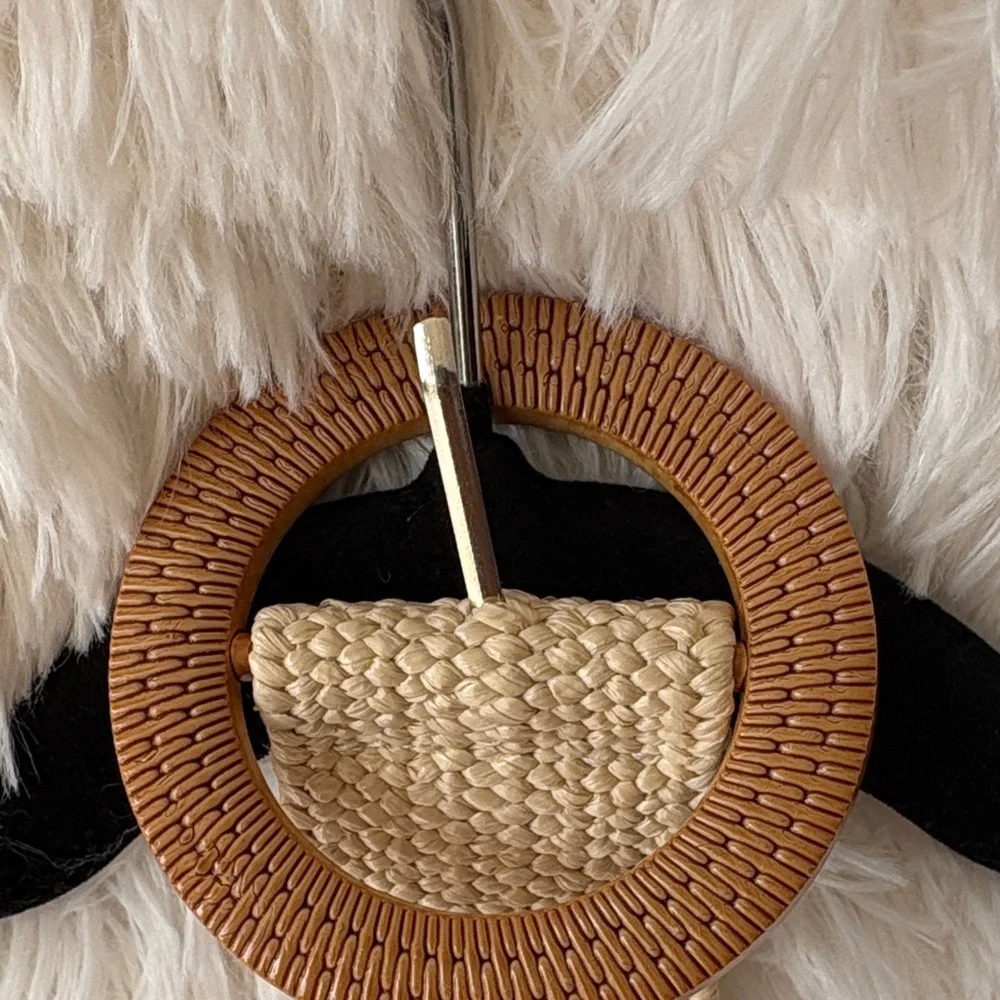 Beige Woven Elastic Belt with Wooden Style Buckle